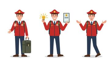 Character in uniform showcasing three stages of excitement in flat art vector