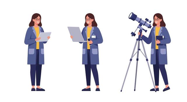 Scientist analyzing data and observing through telescope in flat art vector