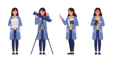 Scientist with telescope and clipboard in flat art style showcasing different research stages vector