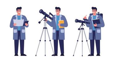 Scientist with telescope in three frames, minimal style illustration vector