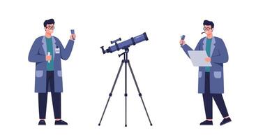 Scientist observing with telescope in flat illustration style with two distinct frames vector
