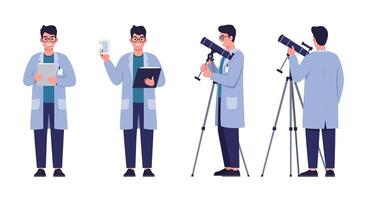 Scientist character in flat design transitioning from holding tablet to using telescope art vector