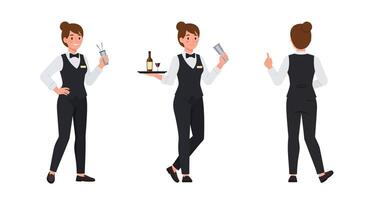Bartender serving drinks in flat style art with cheerful expressions and detailed outfit design vector