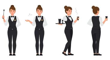 Waitress character in flat design showcasing different poses in art vector