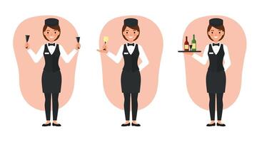 Waitress serving drinks in three frames with flat design style illustration vector