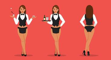 Waitress character transformation in flat art style showcasing three distinct poses and outfits in vibrant colors vector