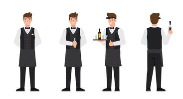 Waiter character transformation in flat art showcasing different poses and actions vector