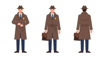 Detective character transformation in flat style art with detailed features and minimal colors vector