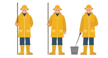 Fisherman in Yellow Rain Gear Transitioning from Holding a Pole to a Bucket Illustration vector
