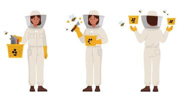 Bee keeper character in minimal art style showing different actions in three frames illustration vector