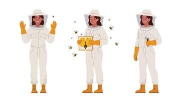 Beekeeper interacting with bees in flat art style vector