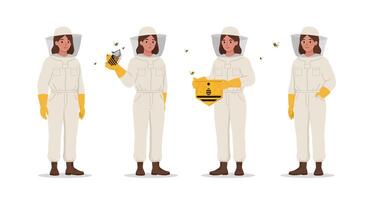 Beekeeper in protective suit performing tasks in flat illustration andas vector