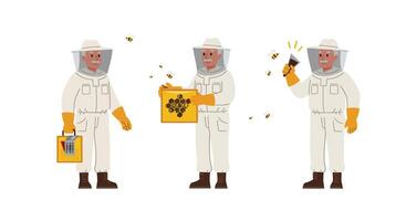 Beekeeper in protective gear collecting honey using detailed illustration vector