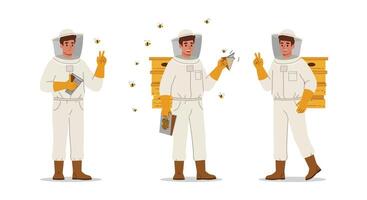Beekeeper in protective suit demonstrating hive management techniques in flat art vector