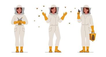 Beekeeper with Tools and Bees in Flat Art Style vector