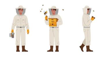 Beekeeper in protective suit performing tasks in flat illustration and vector