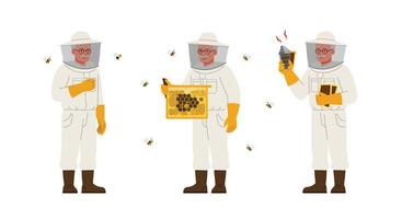 Beekeeper character in flat style performing tasks in three frames illustration vector