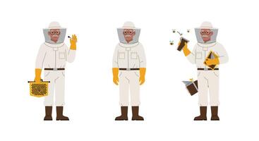 Beekeeper character performing tasks in flat design style illustration vector
