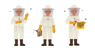 Beekeeper in protective gear performing tasks with bees in flat art vector