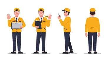 Delivery man in yellow jacket performing various actions in flat art vector