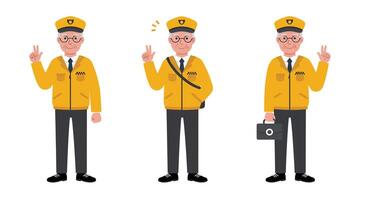 Friendly security guard character in flat style showing various poses illustration vector