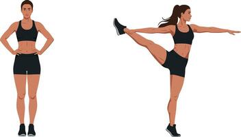 Woman performing a dynamic pose transition in flat art vector