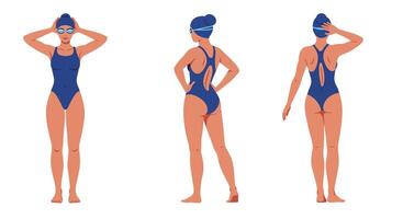 Female swimmer in various poses with flat design style illustration vector