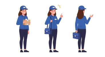 Delivery person in three poses showing change in action with flat art vector