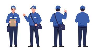 Delivery person in blue uniform performing actions in flat art vector