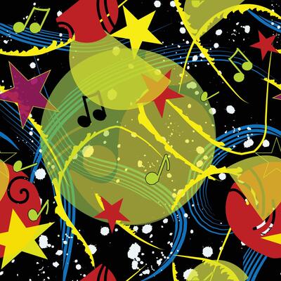 Energetic abstract pattern with music notes, stars, and swirls in bold colors on a neutral black background. Ideal for digital art, textiles, fashion, and kids projects. Great for digital prints