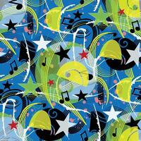 Expressive abstract lines and shapes pattern about music visual with music notes, stars, and swirls in bold, colors on a neutral blue background. Ideal for digital art, textiles, fashion, kids and vector