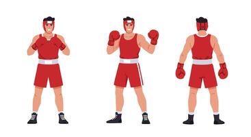 Boxer character in three poses flat art illustration with dynamic action and athletic details vector