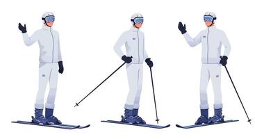 Skiing person in three poses showcasing style flat art vector