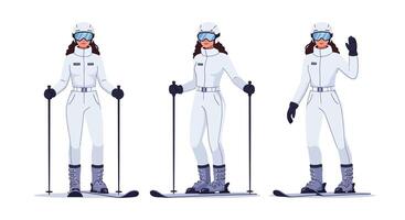 Female skier in action poses with minimalistic design style art vector