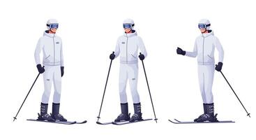 Skier in three dynamic poses showcasing movement in flat art vector