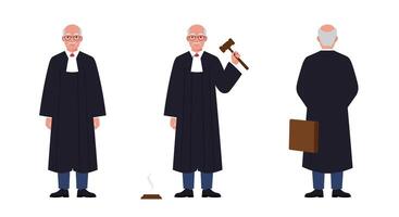 Judge character illustration in flat design showcasing three distinct poses of authority and professionalism art vector