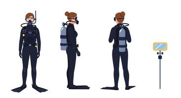 Scuba diver character design in flat style showcasing multiple angles illustration vector