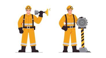 Construction worker with megaphone transitioning to operating machinery in flat illustration vector