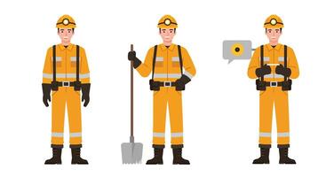 Construction worker character series in flat design style showcasing three action poses illustration vector