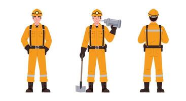 Worker in orange uniform showcasing different poses in flat art style vector