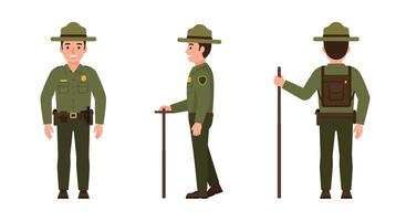 Park ranger character in three poses, flat design illustration vector
