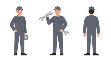 Mechanic character in flat style showcasing different poses and tools illustration vector