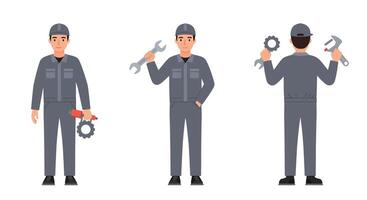 Mechanic character in three poses showcasing tools in flat art vector