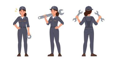Mechanic woman showcasing tools in flat illustration style in three poses art vector