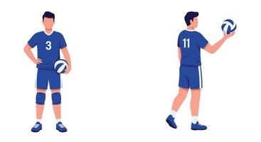 Volleyball player in blue jersey poses with ball in flat art vector