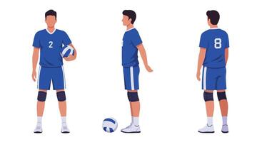 Volleyball player in blue uniform showcasing different poses in flat art vector