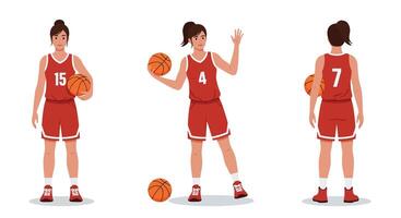 Female basketball player in different poses flat illustration vector