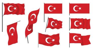 Various Turkish flags in different positions and orientations in flat art vector