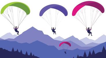 Paragliders soaring above mountains in colorful design style flat art vector