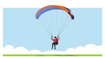 Paraglider in action with colorful canopy in flat art vector